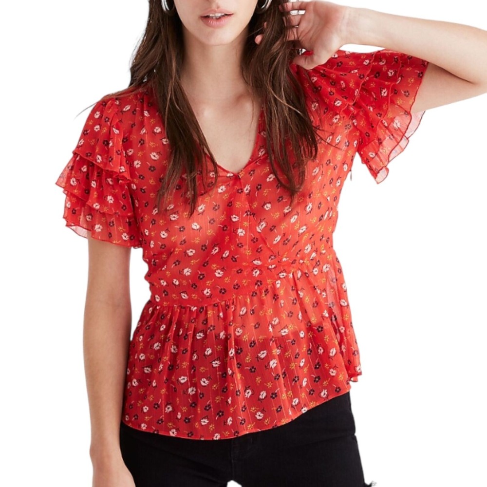 Madewell Ditsy Floral Tiered Sleeve Peplum Top Romantic Coquette Red Size 4
